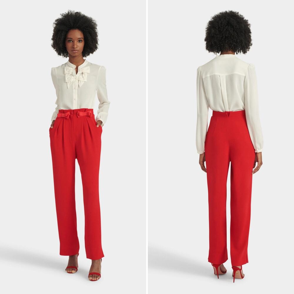 Saloni Bow Tulip Trousers in Scarlet Red High Waisted Size 2 Pleated Chic Sexy‎